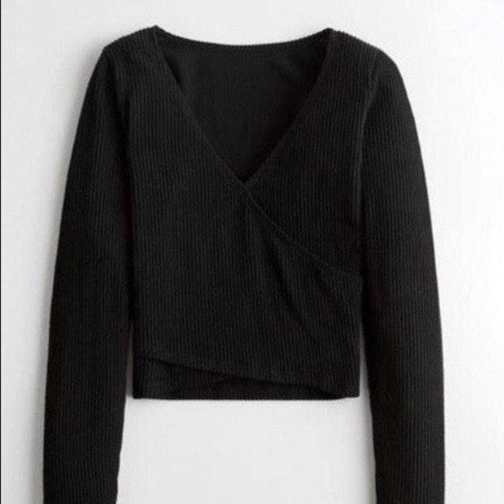 Black V-Neck Wrap Knit Long Sleeve Top